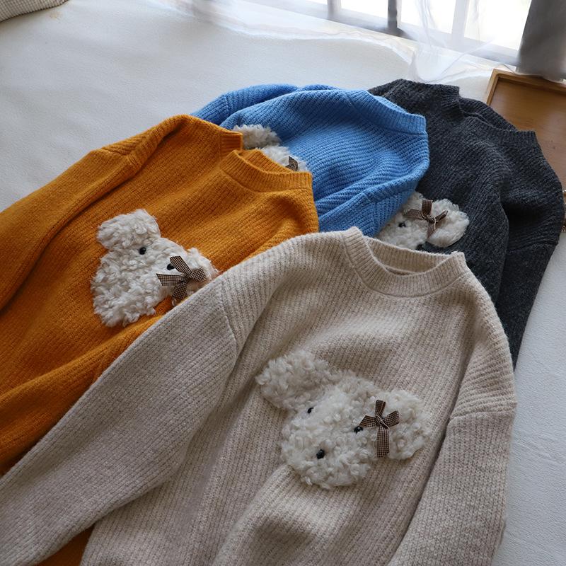 

2024 Winter Korean Style Cute Puppy Round Neck Loose Sweater for Women One Size