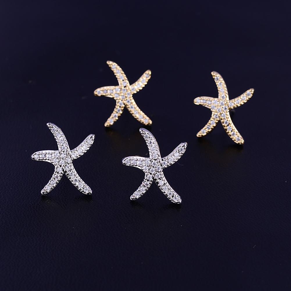 Women Starfish Shape Diamante S925 Silver Needle Zircon Earrings
