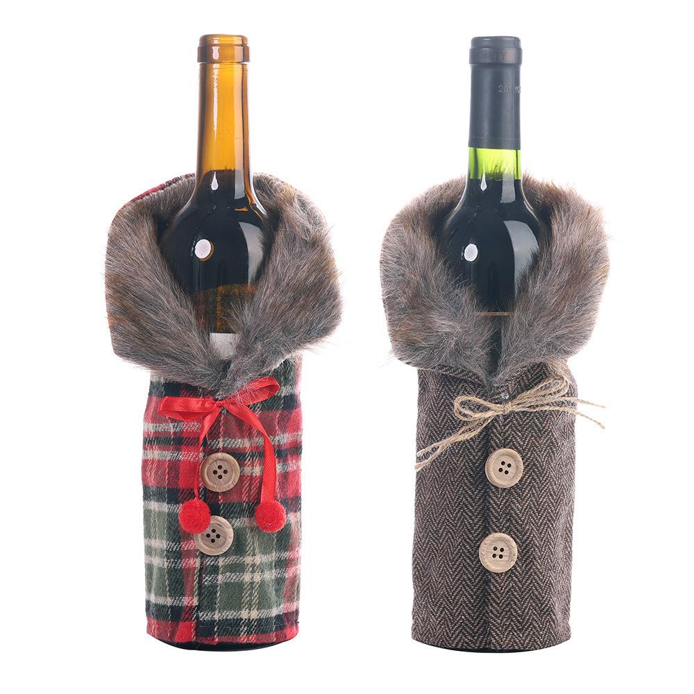 Christmas Table Wine Cover Plush Plaid Clothes Skirt Wine Bottle Cover Home Wine Cabinet Decoration
