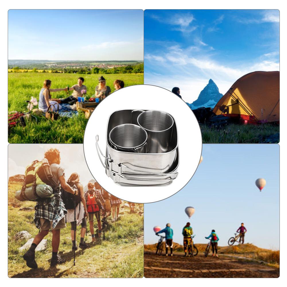 6Pcs Set Stainless Steel Outdoor Camping Cookware Utensils Portable Frying Pan Cups Pot Tableware for PicnicSilver
