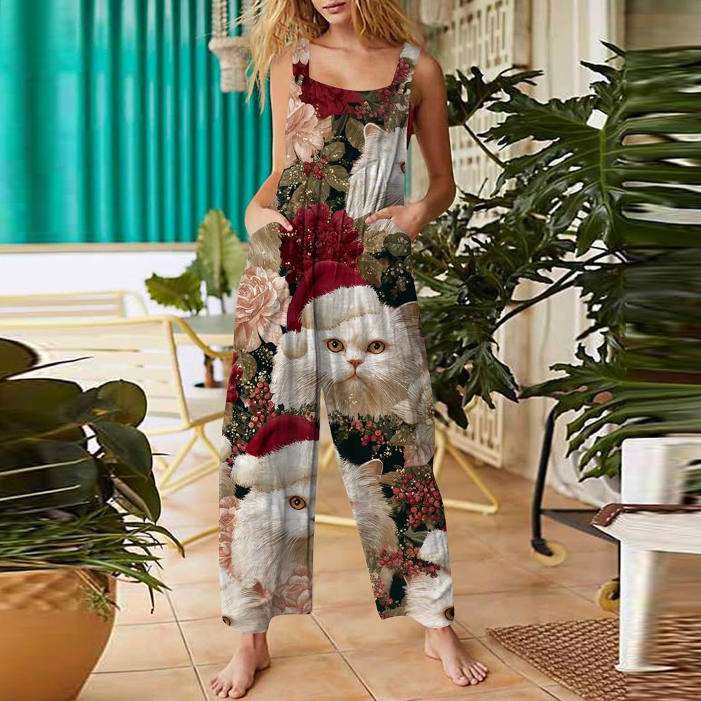 Women's Casual Jumpsuit Sleeveless Christmas Printed Cotton Jumpsuit