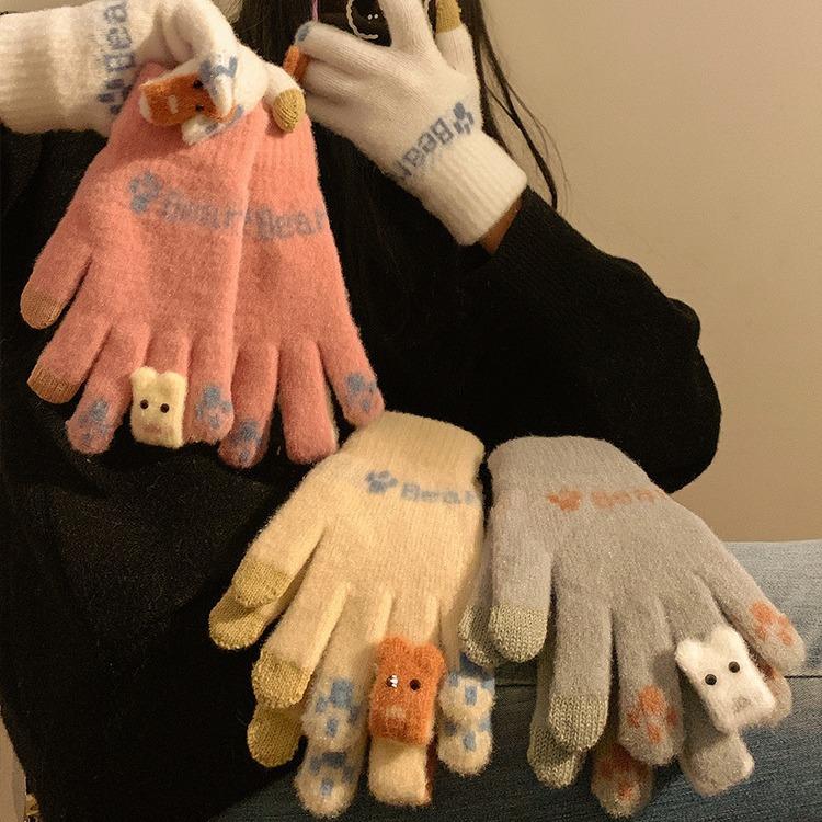 Cute Touch Screen Knitted Warm Gloves for Women In Winter Plus Velvet Thickening for Students Riding In Winter New Cold and Windproof