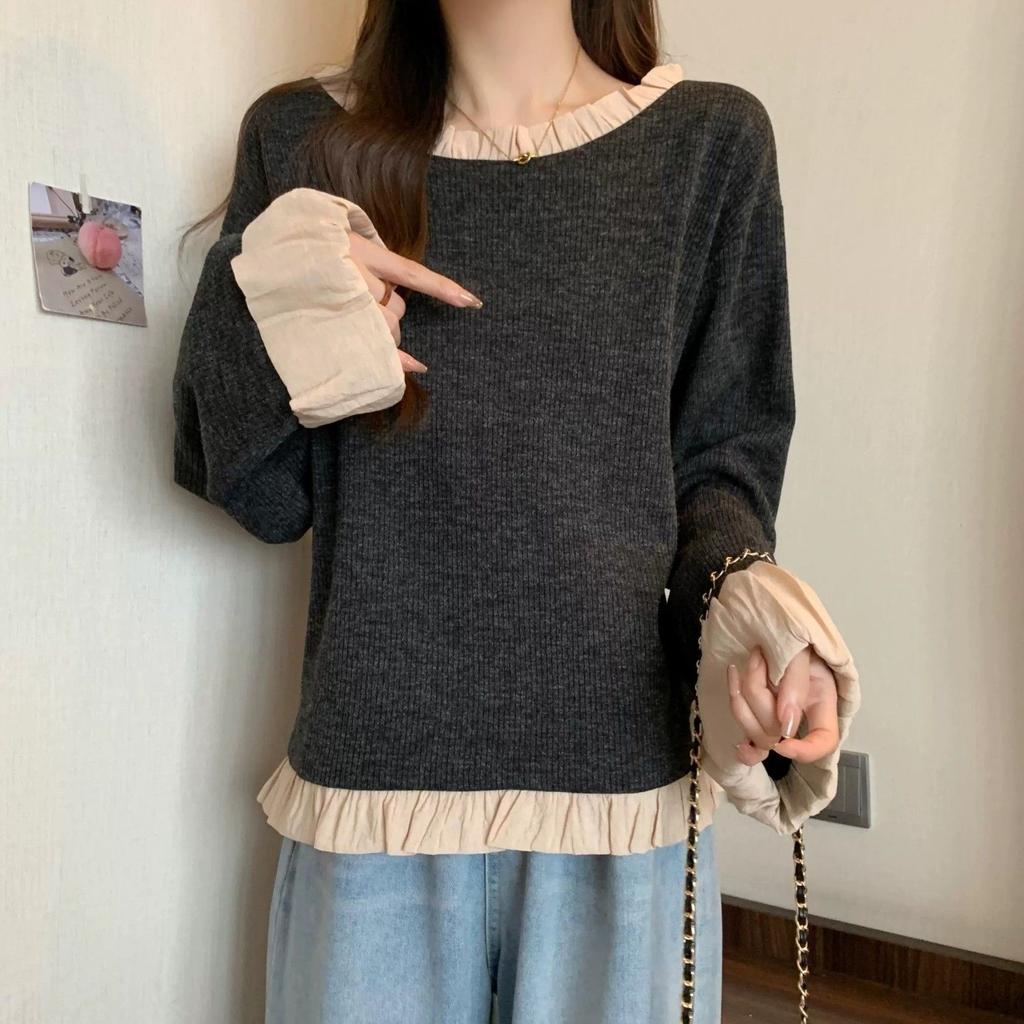 Lazy Style Rüschen Patchwork T-Shirts Frühling Herbst Neue Langarm Kontrast Lose Casual Tops Vintage Trend Frauen Kleidung