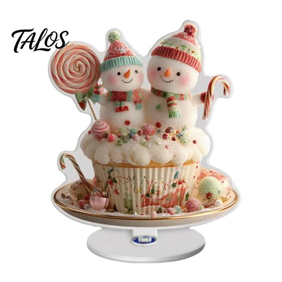 Decorative Rotating Base Acrylic Desktop Ornament, 2D Flat Christmas Santa Snowman Cupcake Plaque with Gift for Home Winter Bookshelf, Mantel,