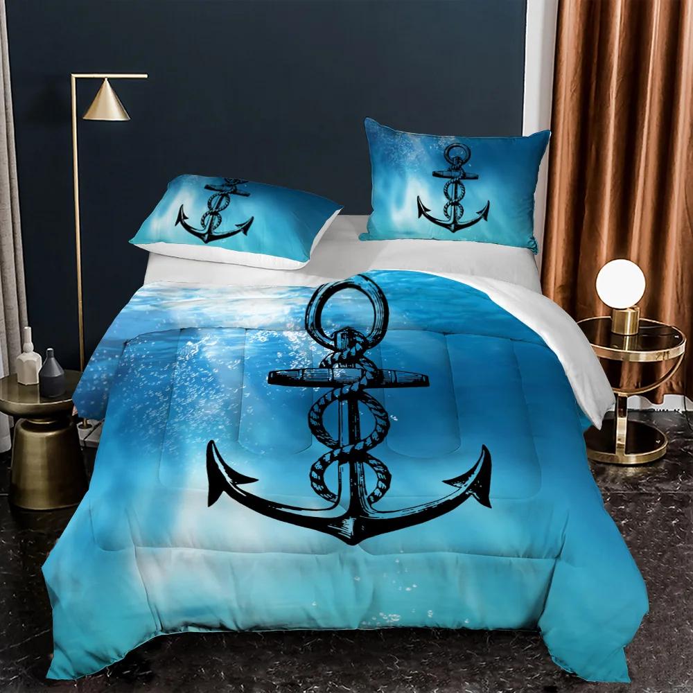 Comforter Anchor Nautical Steamboat Bedding Set Ocean Coastal Theme Blue And White Strip For Kids Adults King Size