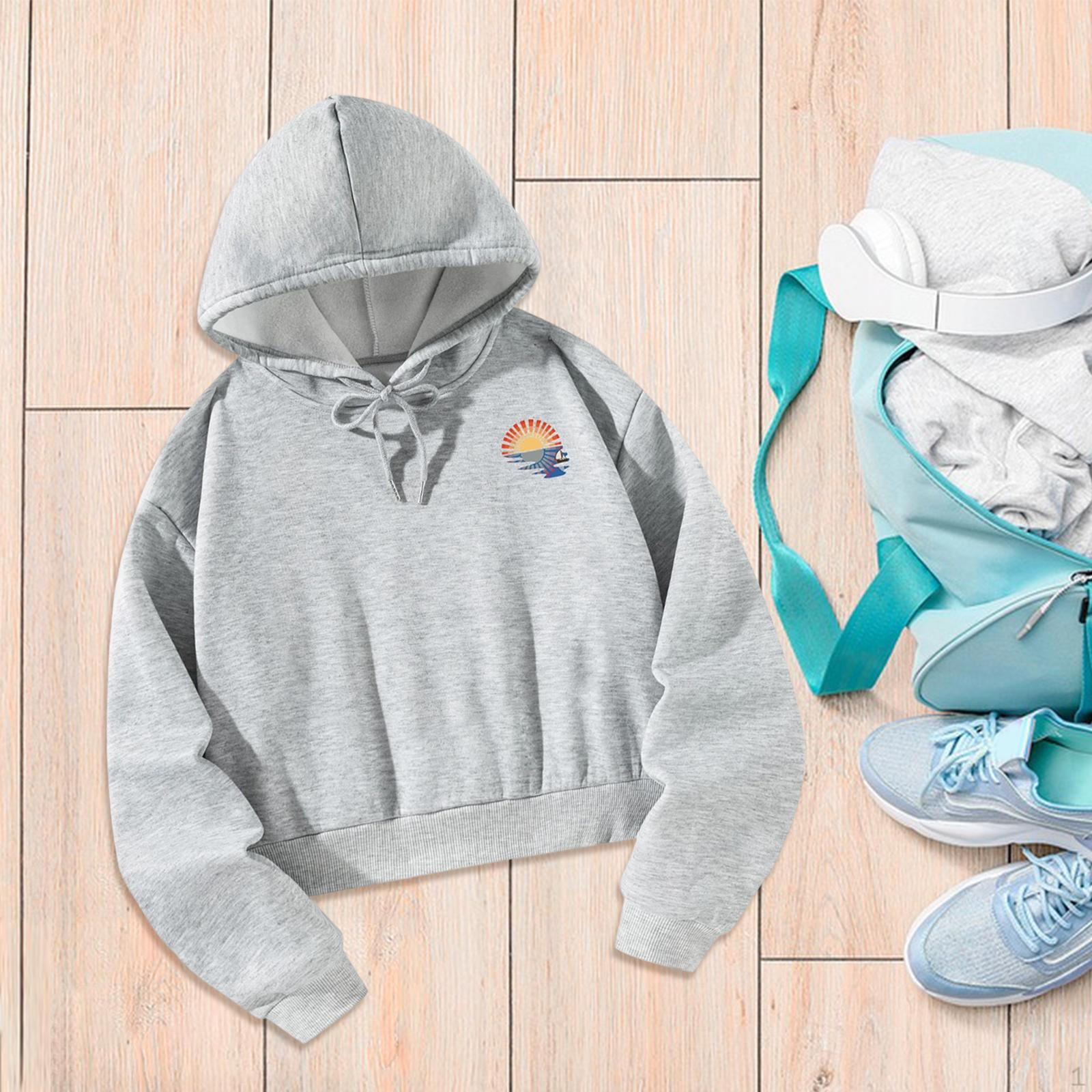 

Укороченная толстовка с капюшоном, спортивные пуловеры, толстовки с цветным узором, серые, стильные, с завязками, женские