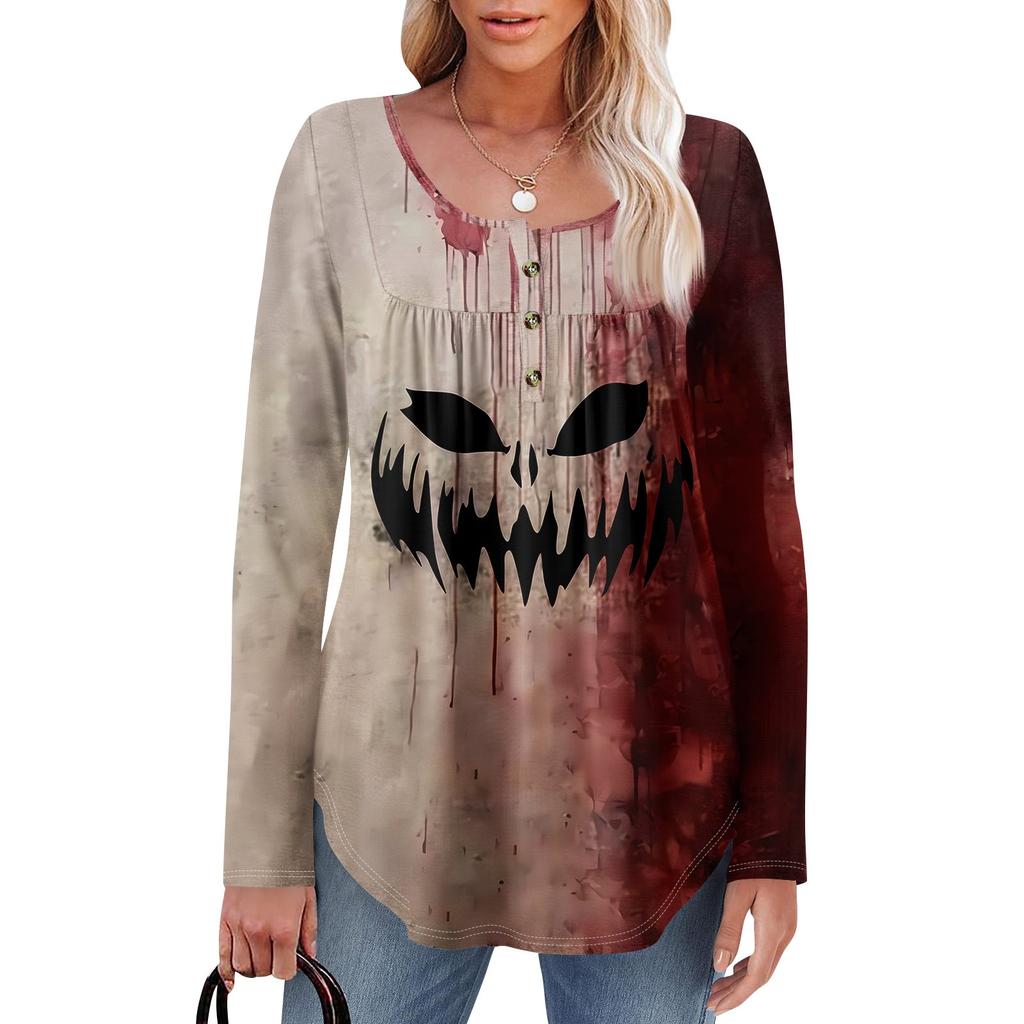 Dam Tunika Långärmad Lös Toppar Casual Oversized Toppar Plisserad Tunika Knäppning Casual Dam Tryckta Toppar