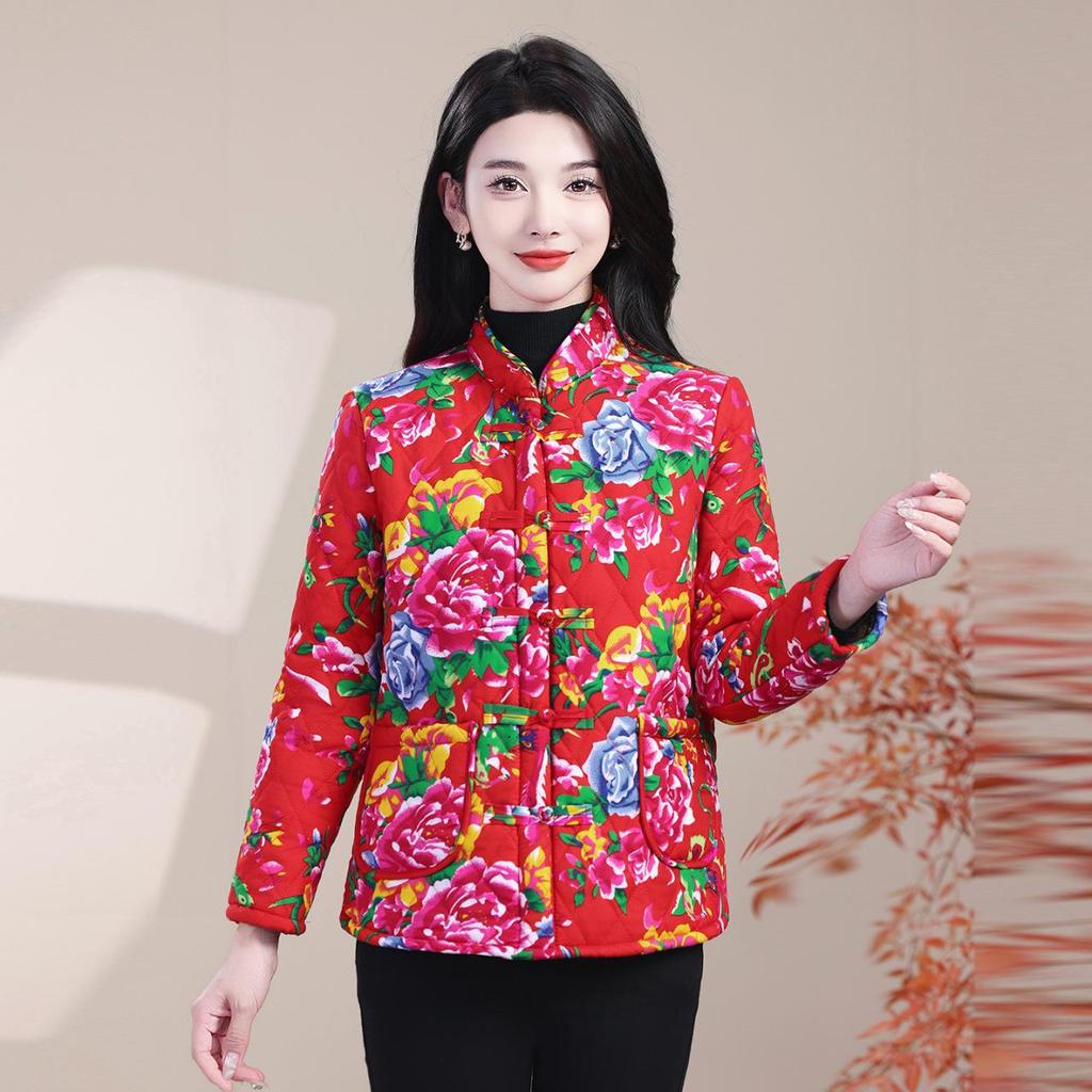 Northeast Women's Thick Floral Cotton Jacket, Plus Velvet, 2025 Winter Yangge Dance Buttoned Performance Costume