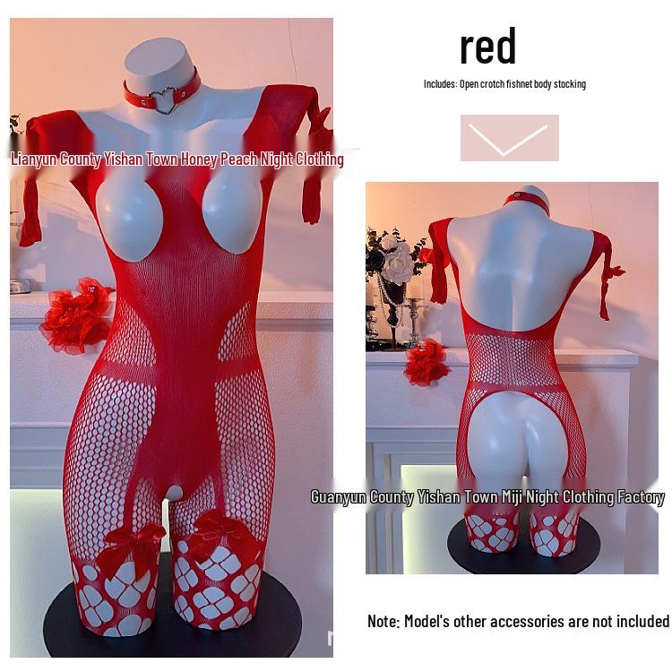 Alluring Off-Shoulder Fishnet Lingerie Set with Open Crotch and Bow Details