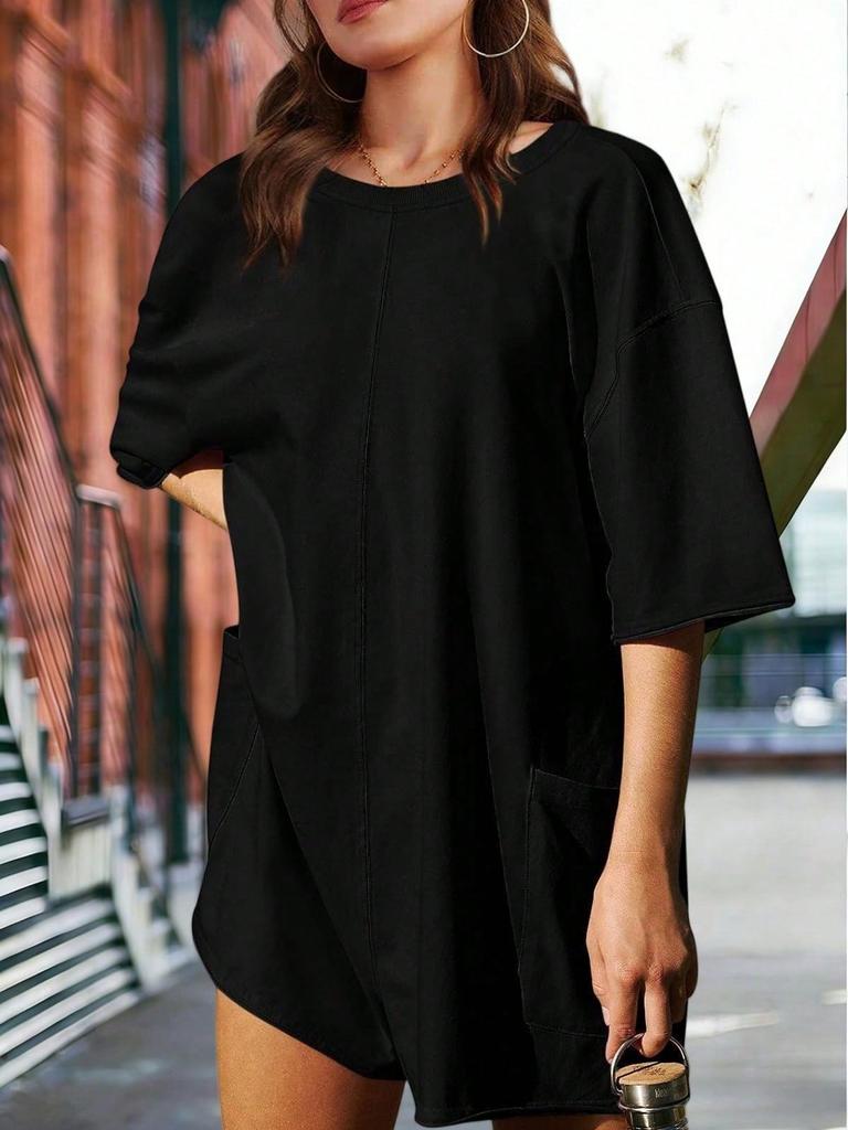 Women's Athletic Romper Short Sleeve Oversized Summer Jumpsuit with Pockets