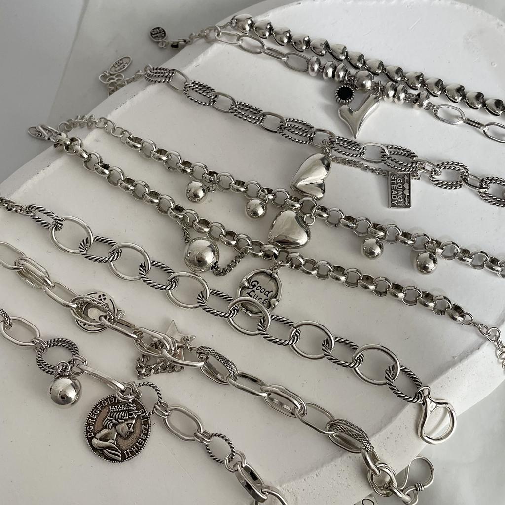 100% Solid 925 Silver Metal Bracelet for Women Vintage Handmade Simple Retro Heart Chain Bracelet Birthday Gift Party