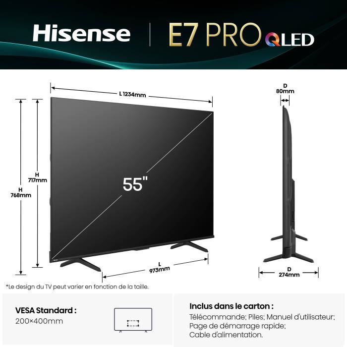 Hisense 55E7Q Pro - TV QLED 55" (139cm) - 4K UHD 3840x2160 - 144 Hz - HDR10+ - Smart TV - 4xHDMI 2.1 - WiFi