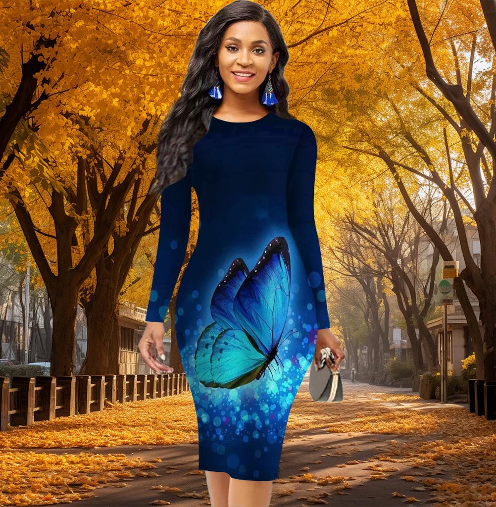 Long Sleeve Waist Tight Office Slim Fit Sparkling Butterfly Printing Elegant Bodycon Dress
