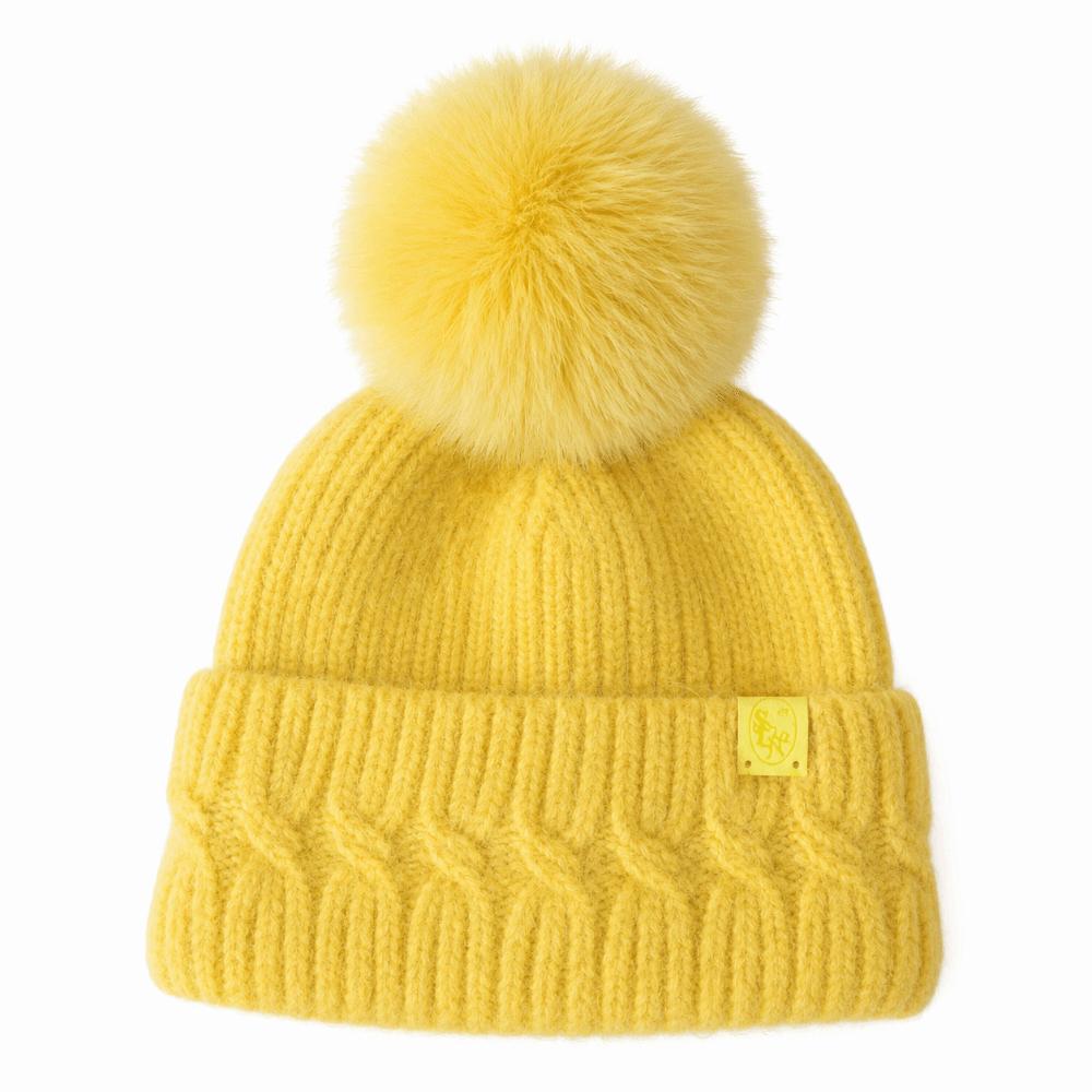 Windproof Knitted Pompom Beanie Twist Knit Thermal Winter Hat Rabbit Fur Beanies Hat For Women