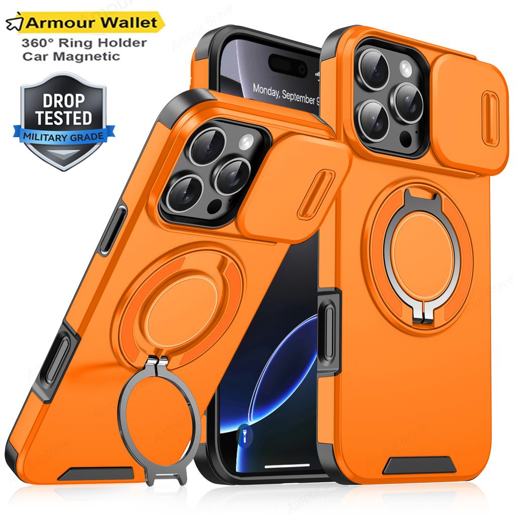 Heavy-duty Rugged Ring Holder Phone Case For iPhone 16 11 12 13 14 15 Pro Max Slide Camera Protection For Magsafe Magnetic Cover