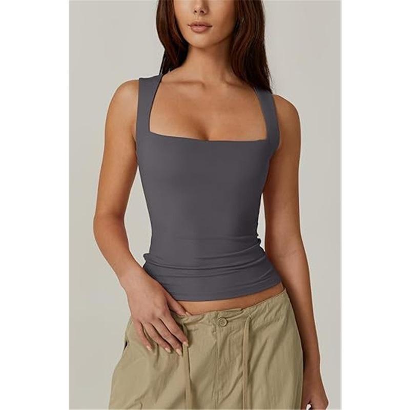Summer Women's Square Neck Sleeveless Double Layer Vest Basic Skinny T-Shirt