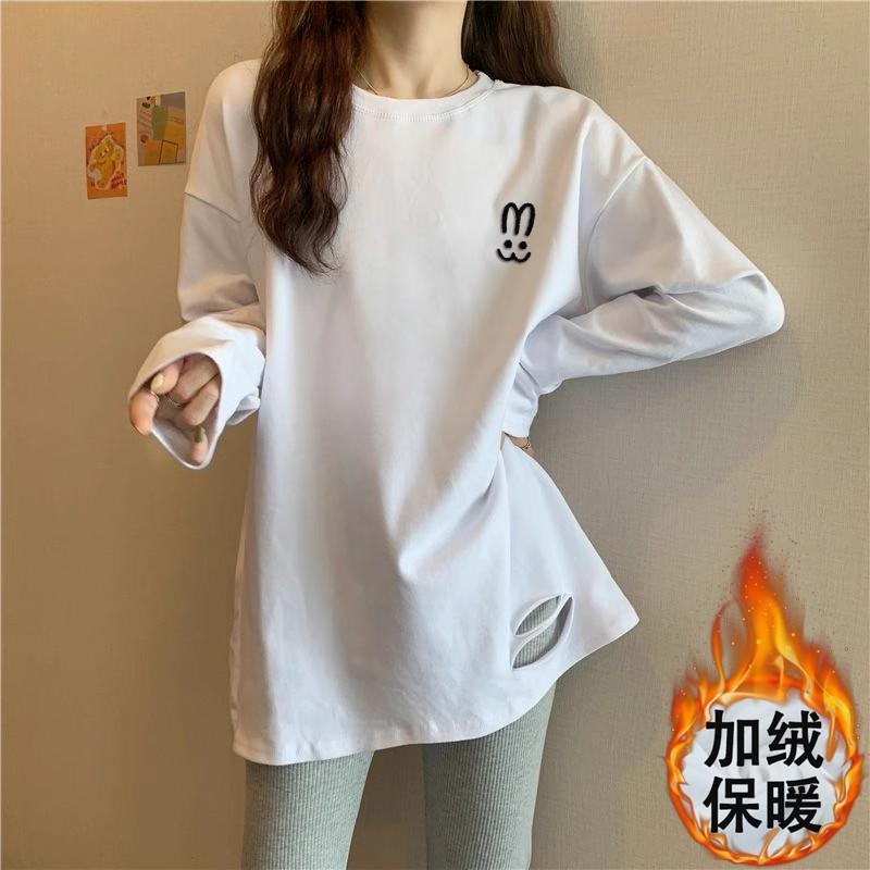 pure cotton white velvet bottoming shirt for women with new autumn and winter clothing medium and long-sleeved T-shirt loose
