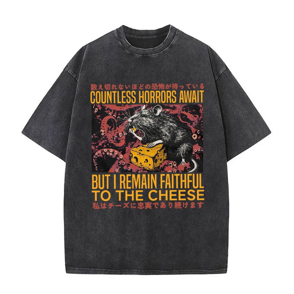 Talloze Gruwelen Wachten Maar Ik Blijf Trouw Aan De Kaas T-shirt Grappig Japanse Stijl Muis Rat Retro Gewassen T-shirt Unisex