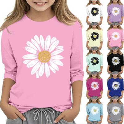 Lässiges T-Shirt mit 7-Punkt-Ärmeln und Sonnenblumen-Print für Kinder mit Rundhalsausschnitt