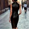 Robe Mi-longue Sans Manches en Similicuir avec Col à Revers et Taille Ceinturée pour Femme Tenue de Bureau Fête Style Élégant