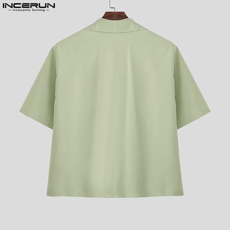 INCERUN Oversized Men Casual Lapel Neck Short Sleeve Bow Knot Solid Color Shirts Tops