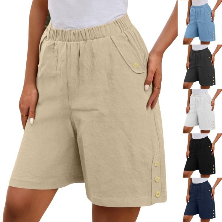 High Waisted Women's Casual Loose Bermuda Shorts With Pockets Knee Length Summer Wide Leg Linen Shorts