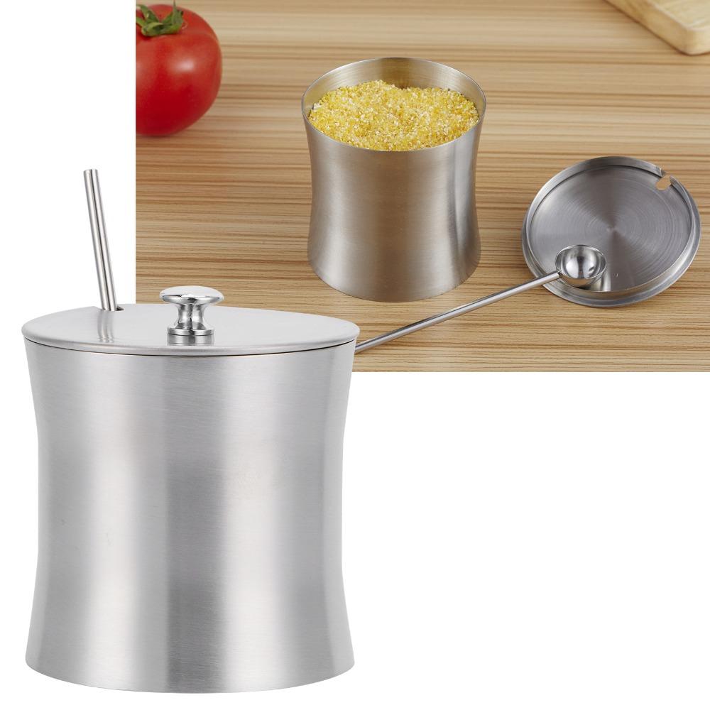 Stainless Steel Sugar Bowl with Lid and Spoon Salt Pot Condiment Can Condiment Pot Restaurant