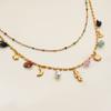 Uworld Fashion Vacation Style 18K Gold Color Plated Stainless Steel Natural Color Stone Pendant Necklace Stackable Double layer