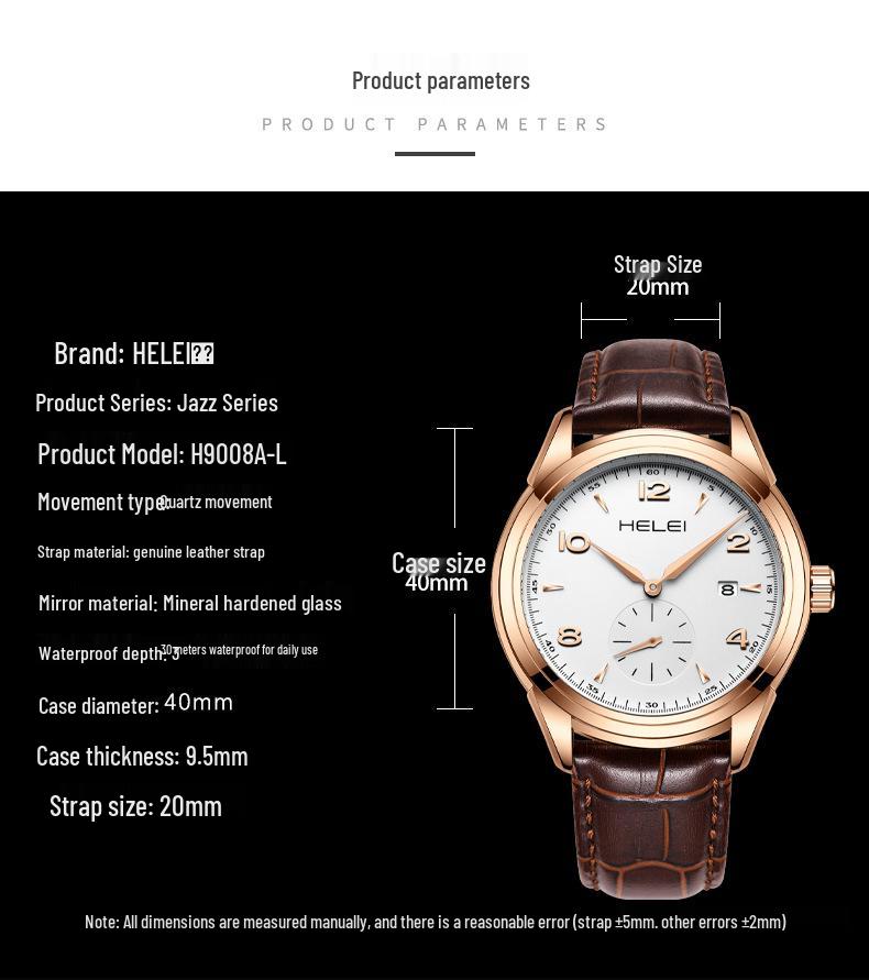 HELEI Men's Quartz Leather Watch - Waterproof, Three-Hand, Single Calendar