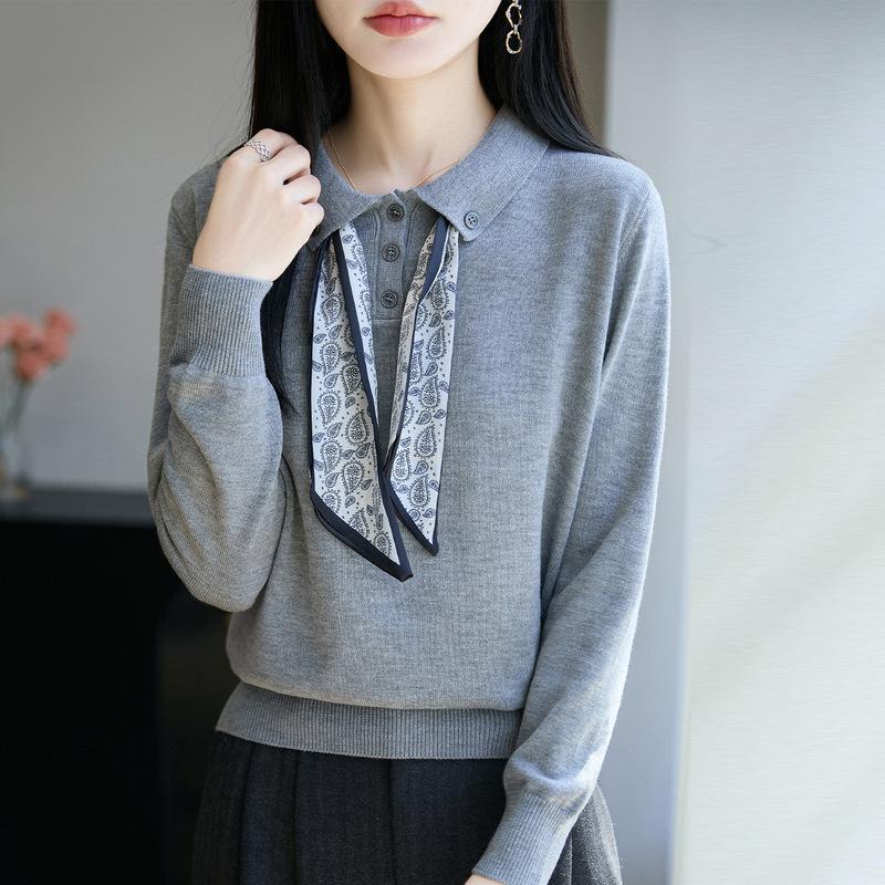 Spring and Autumn New POLO Collar Silk Scarf Knitted Sweater Long-sleeved Solid Color Loose Base Layer Top for Women