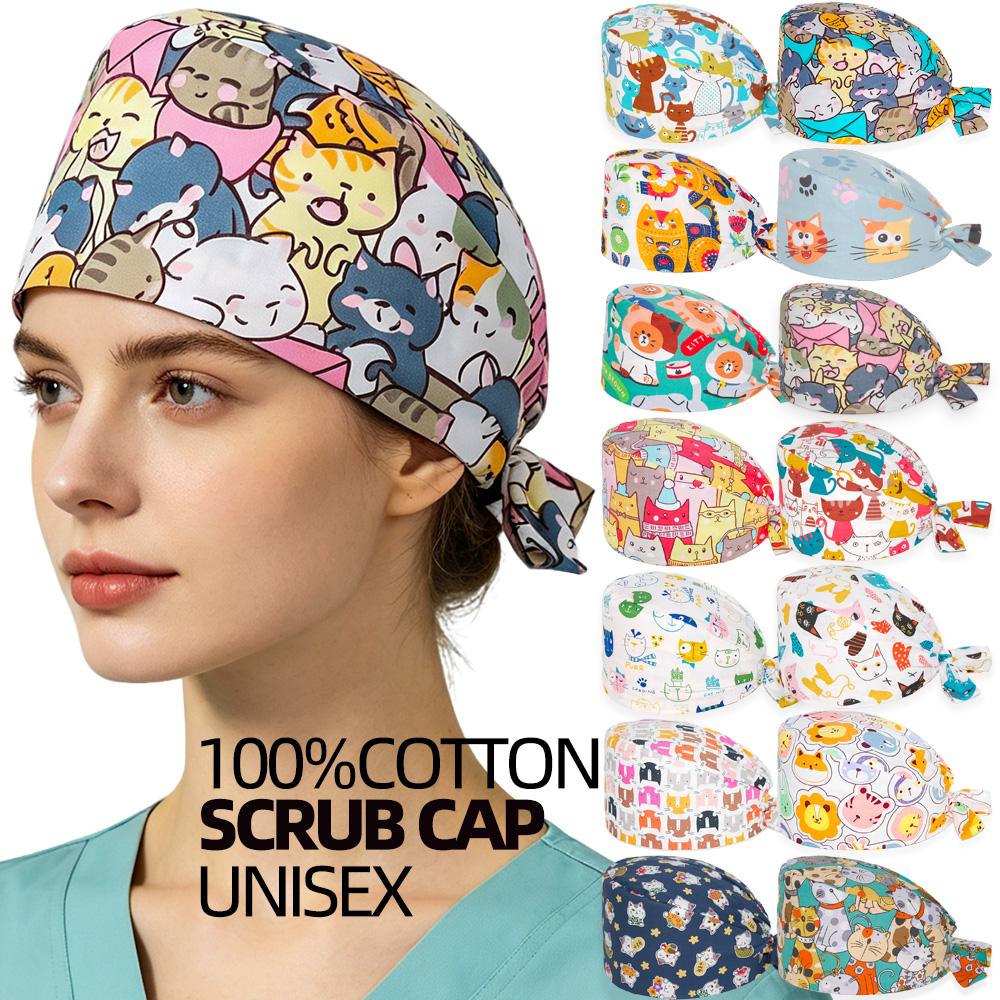 Women Men Cute Cat Printed Scrub Cap Breathable Cotton Medical Surgical Cap Adjustable Doctor Nurse Working Hat