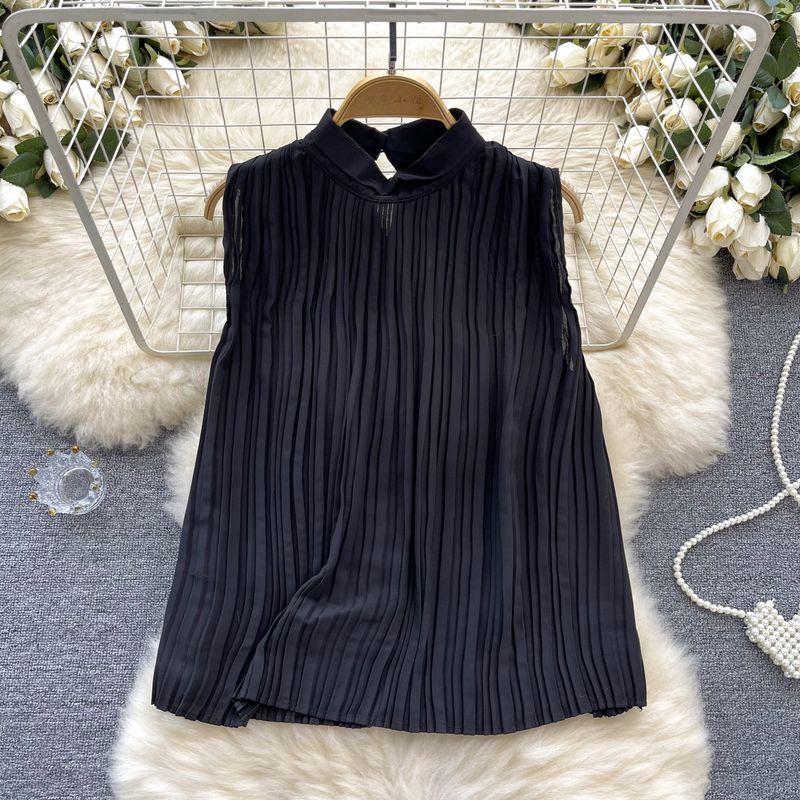 

Fashion Style Sleeveless Halter Tops Women s Summer New Design Sense Loose Easiest for Match Pleated Age-Reducing Chic Shirt Black One size