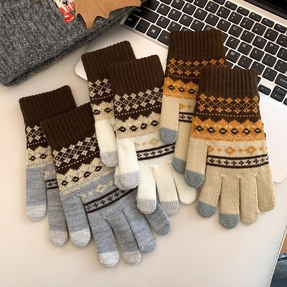 Soft Printed Wool Gloves Red Women Cycling Mittens All-Match Winter Knitted Gloves Outdoor