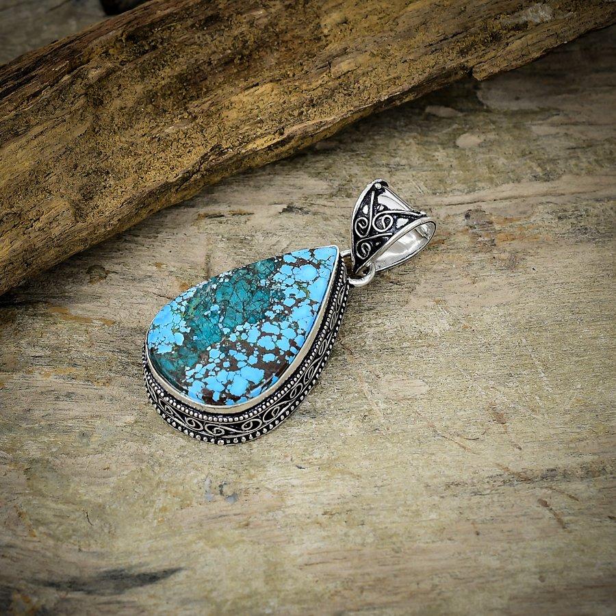 Tibetan Turquoise Gemstone 925 Sterling Silver Jewelry Pendant 2.13" M-30