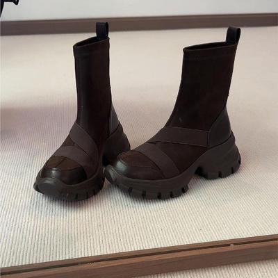Sheepskin Version~ Thick-soled Muffin Elastic Thin Boots Round Head Retro Splicing Sports Short Boots Women's Thin Versatile Socks Boots