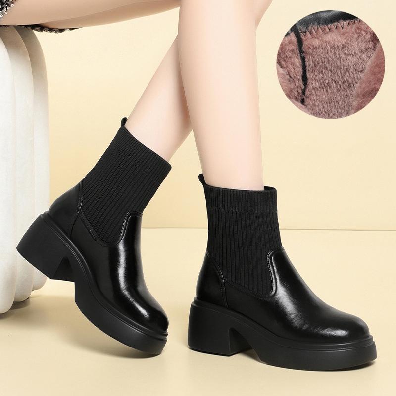 

6 см Модные Удобные Ботильоны из Мягкой Кожи Женские Туфли на Платформе Зима 2025 Гибкие Эластичные Ботинки-Носки Теплые Меховые Ботильоны 40
