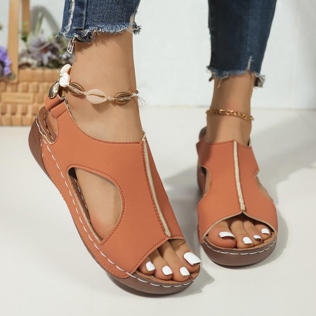 Summer New 2025 Plus Size Sandals Women's Stitching Breathable Velcro Hollow Wedge Sandals Women