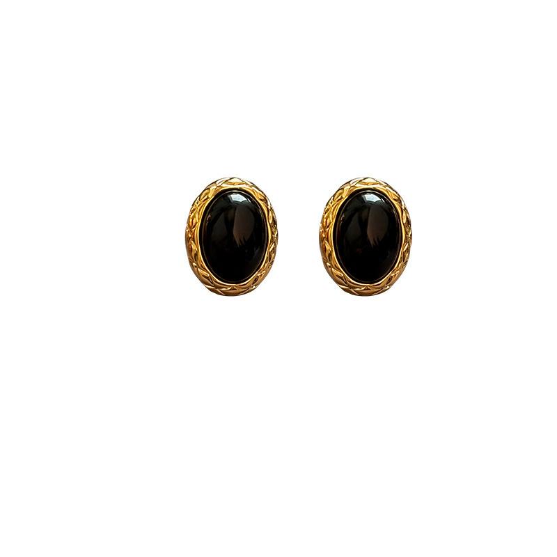 S silver needle black agate geometric earrings retro small simple stud earrings women's real gold electroplated ear jewelry