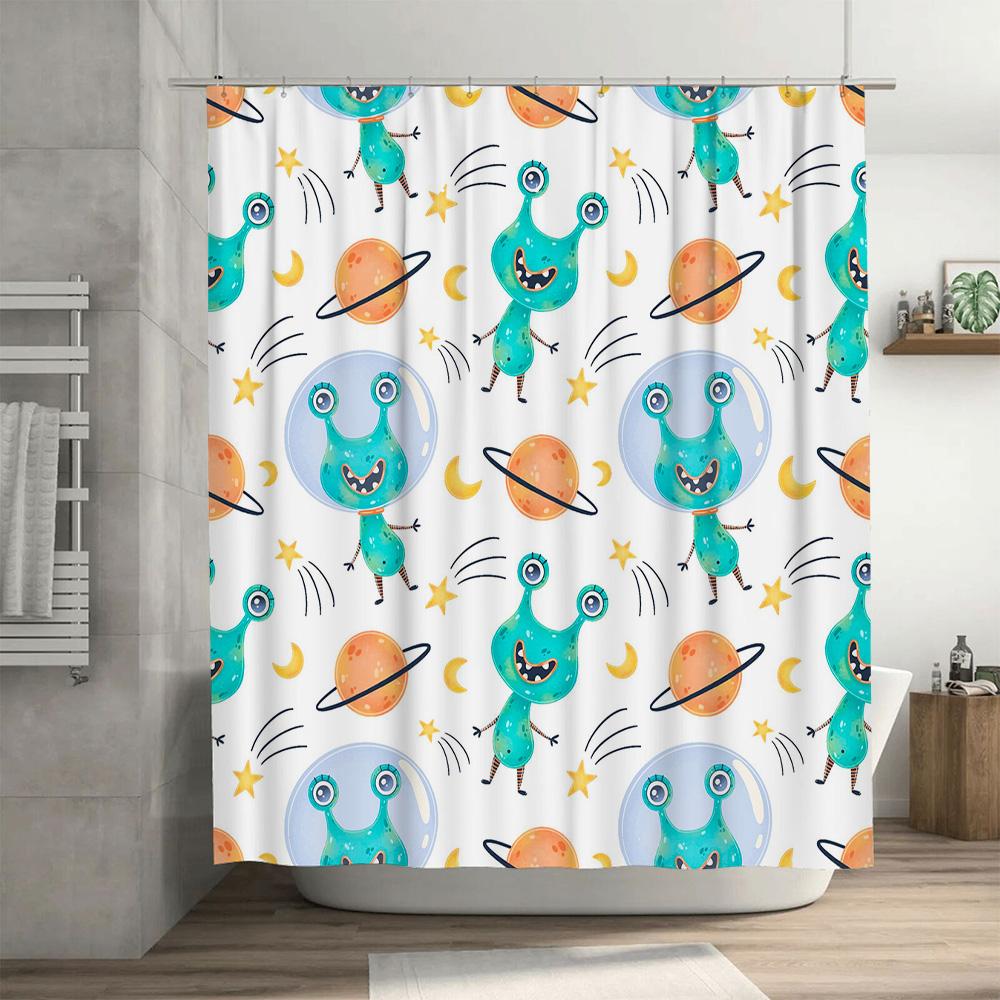 Space-themed shower curtain with cute monsters bathroom decor for kids room or home