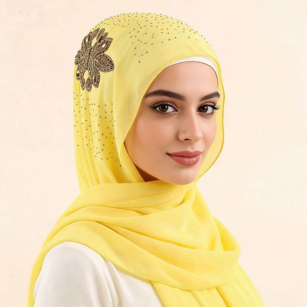 Luxury Rhinestone Chiffon Hijab Scarf Women Muslim Crystal Diamond Headscarf White Wedding Shawl Embroidered Beaded Turban Wrap