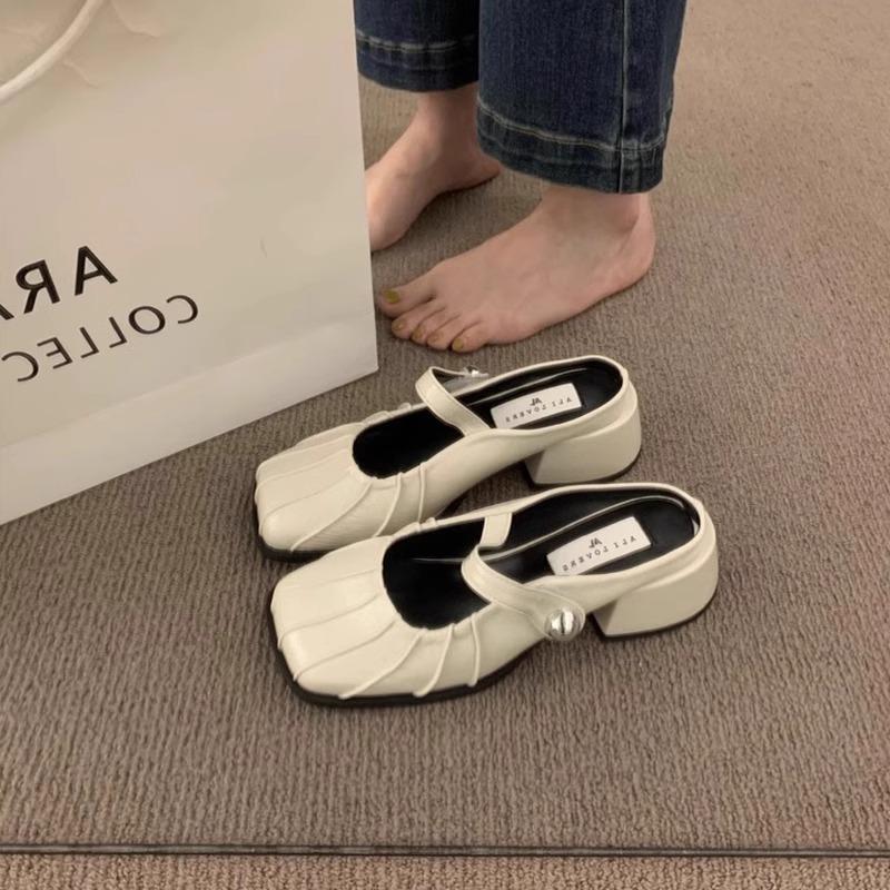 Französische High-End Silber Tasche Kopf Halbschuhe Damen Oberbekleidung Frühling und Sommer neu faule Ein-Pedal Dicke Ferse Einzelne Schuhe