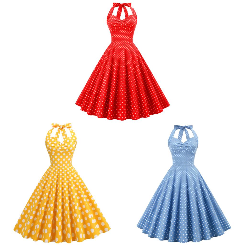 Vintage Polka Dot Cotton Blend Sleeveless Dress With Tie Waist For Casual And Party Wear