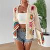 Ethnic Retro Crochet Rainbow Cardigan: Handmade Color Block Long Sleeve Knit Top
