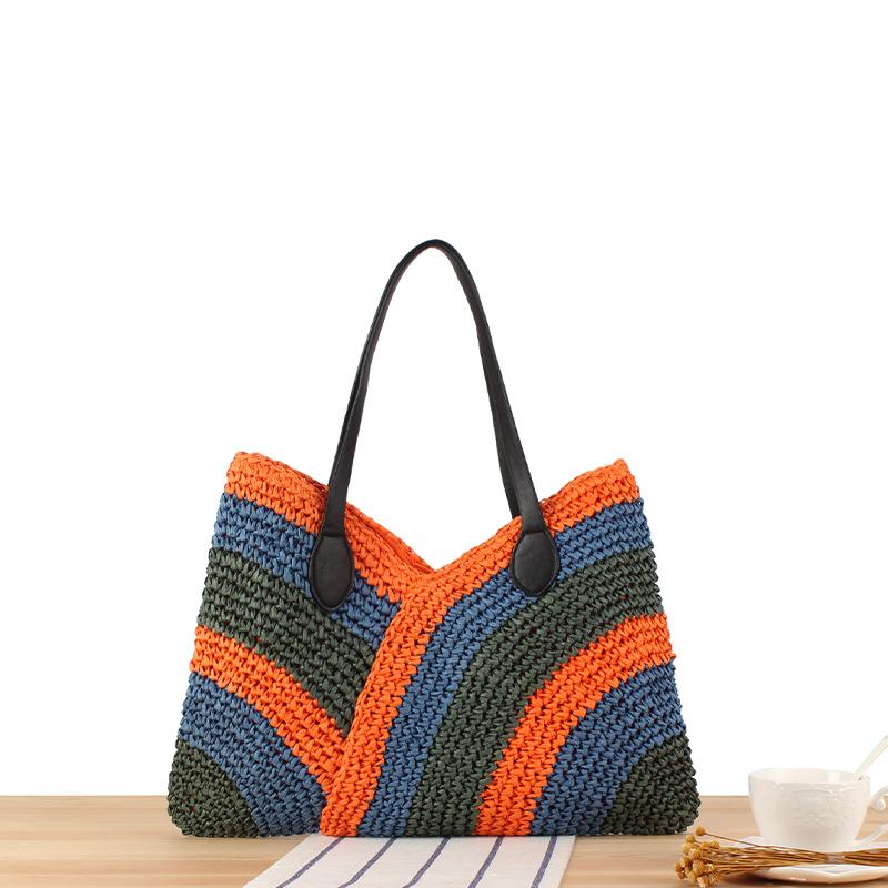 Summer Essential Handwoven Color Block Tote for Women, Minimalist Beach Bag with Adjustable Strap - Versatile Braided Purse for Daily & Vacation