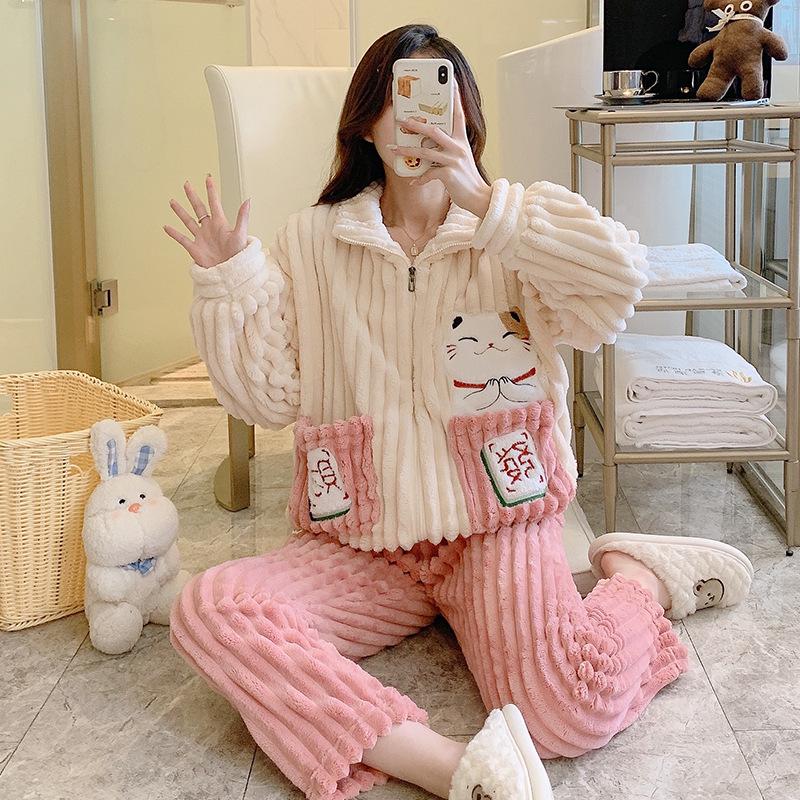 Cozy Coral Fleece Flannel Striped Loungewear for Plus Sizes (up To 220 Lbs) - Cute and Warm for Autumn and Winter