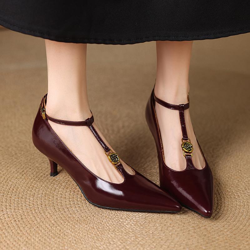 Fashion 2025 Spring Women Pumps Women Shoes Pointed Toe Thin Heel High Heels Mary Janes Ladies Shoes Genuine Leather Red Wedding Shoes
