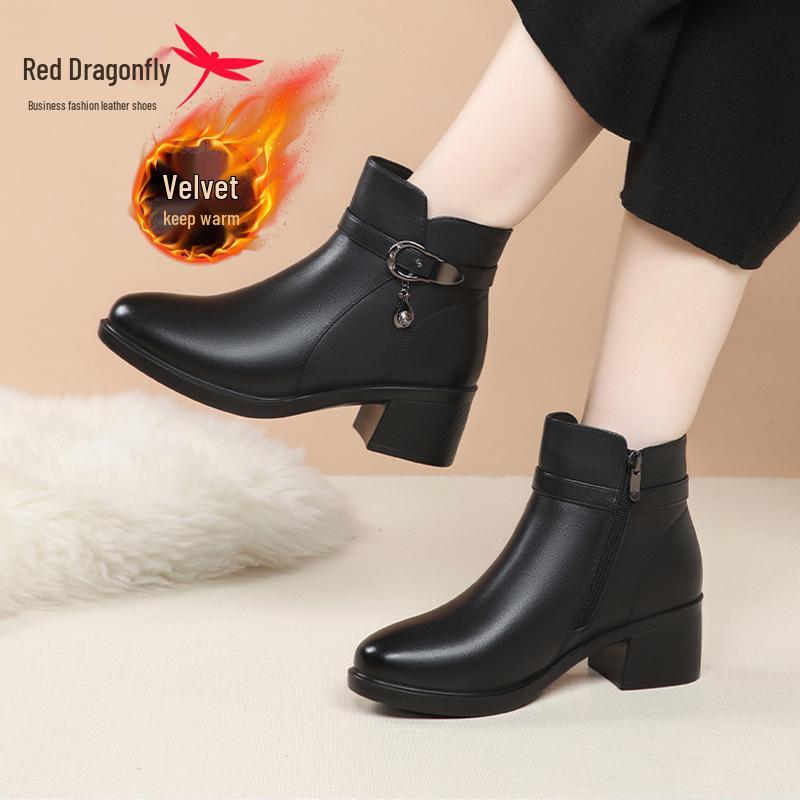 Red Dragonfly Women's High-Heel Ankle Boots - Winter Style, Genuine Leather with Velvet Lining, Chunky Heels, Warm and Stylish.