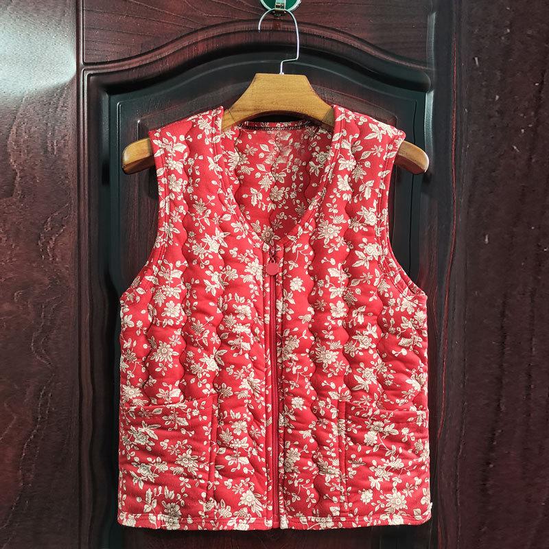 

Pure cotton flower handmade cotton vest, women s warm thickened vest, women s vest, mother wears cotton vest inside and out, autumn and winter 2XL [recommended 80--55kg]