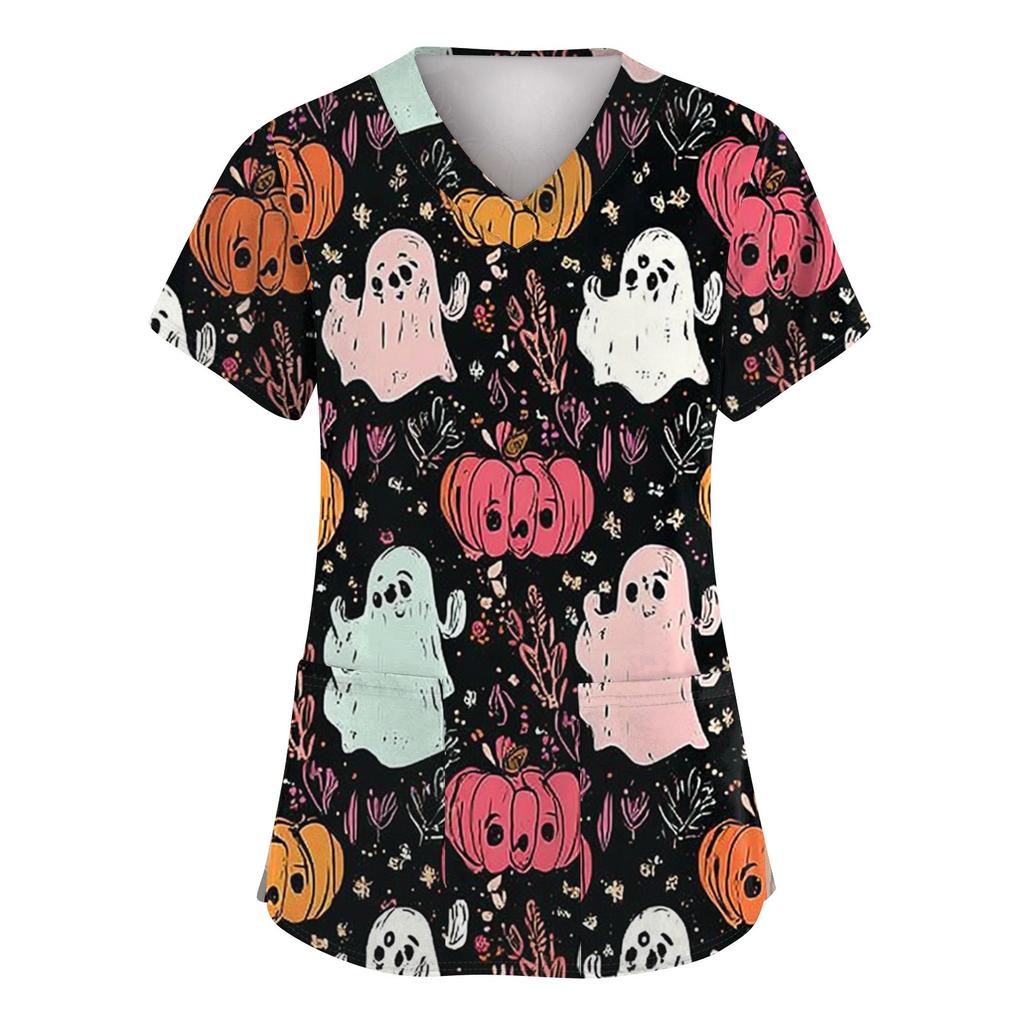 Women's Fashion Short Sleeve Halloween Printed V-Neck Pocket Workwear Tops