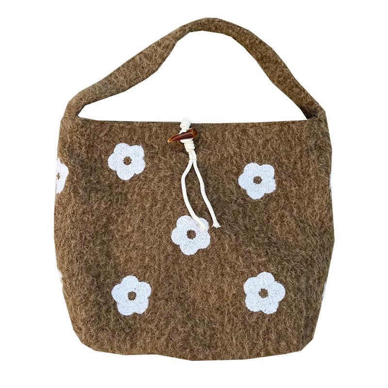 Sweet Floral Plush Women's Shoulder Bag Flower Embroidery Ladies Underarm Bags Casual Fall Winter Large Capacity Female Tote Bag